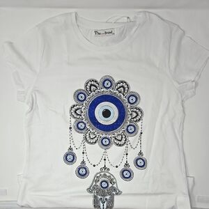 White T-Shirt with Blue Evil Eye Design With Rhinestones
